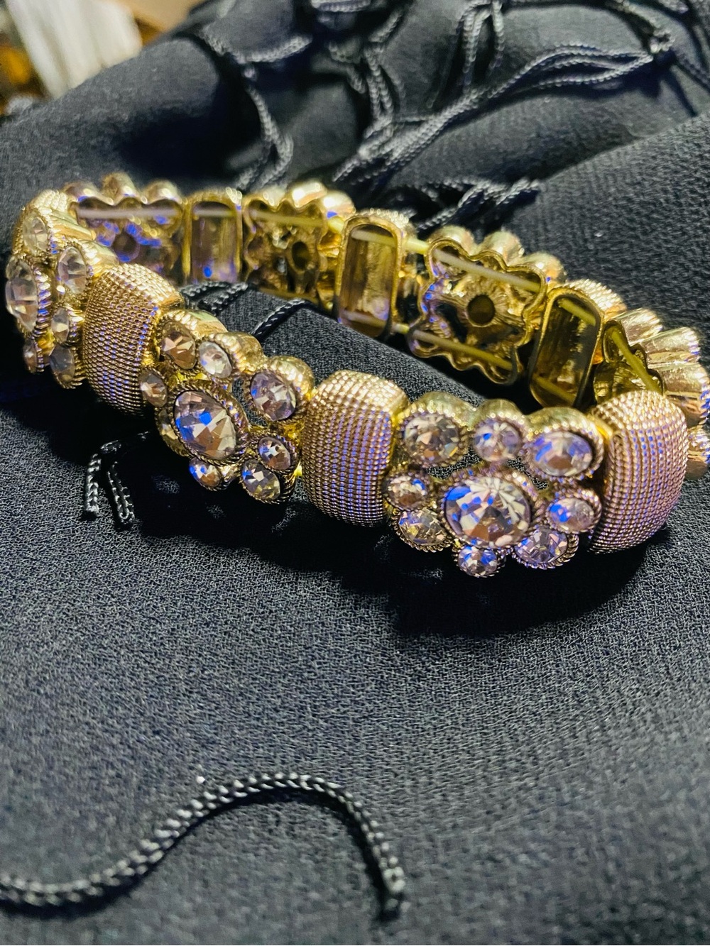 RMN Gold Tone Rhinestone Stretch Bracelet Floral Crystal Statement Bracelet